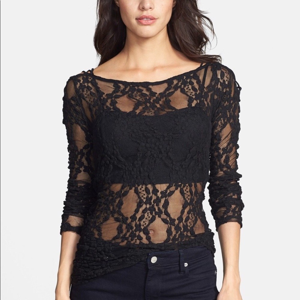 💐Free People Small Star Lace Crisscross Sheer Top